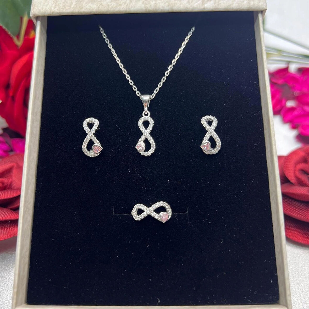 Pembe Kalp Sonsuzluk Kadın 3'lü Set 925 Ayar Gümüş Zirkon Rodyumlu Taşlı