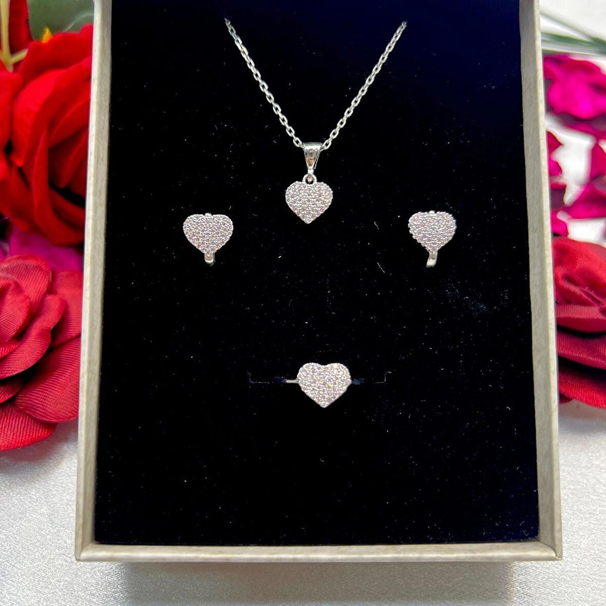 Pembe Zirkon Taşlı Kalp Kadın 3'lü Set 925 Ayar Gümüş Rodyumlu