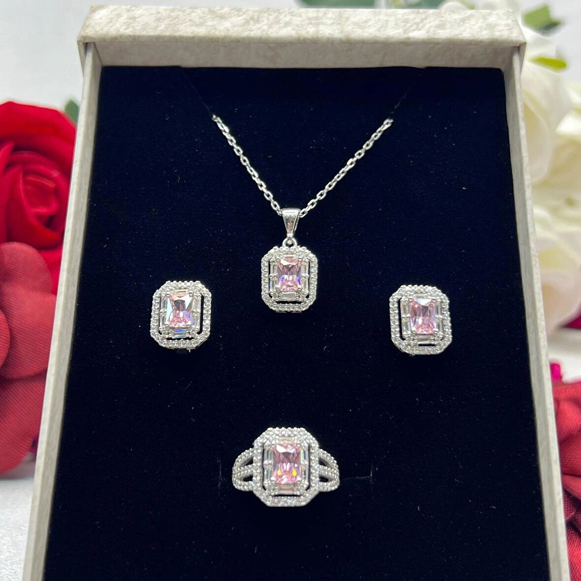 Pembe Baget Kadın 3'lü Takı Seti 925 Ayar Gümüş Zirkon Taşlı