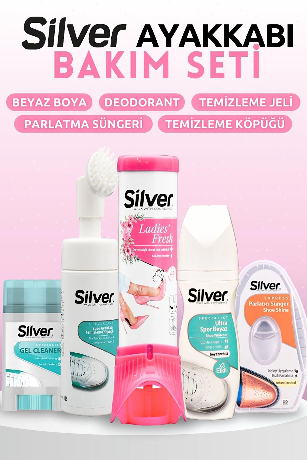 Kadın Ayakkabı Bakım Seti - Deodorant, Köpük, Ultra Beyaz Boya, Jel, Sünger