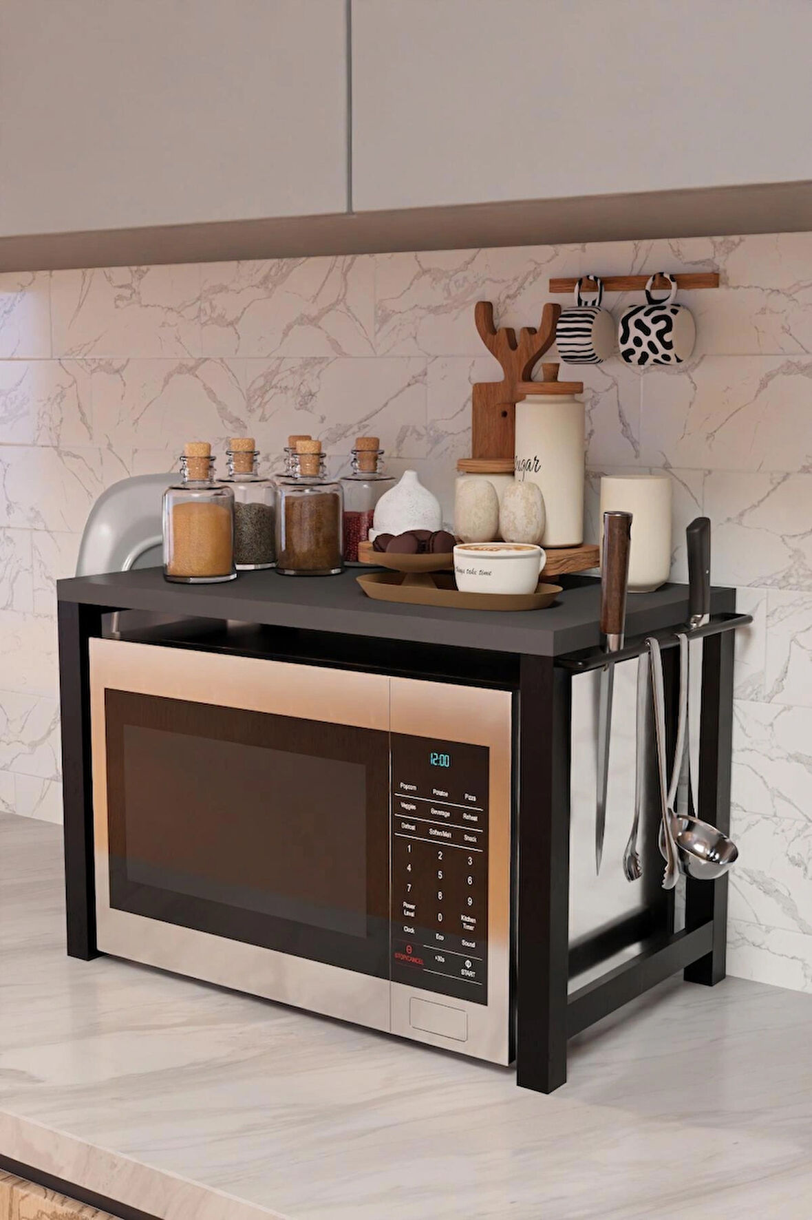 Mikrodalga Fırın Üstü Raf,Tepsi ve Kesme Tahtası Bölmeli,Bıçak,Maşa Askılı,Metal Gövdeli Mutfak Rafı