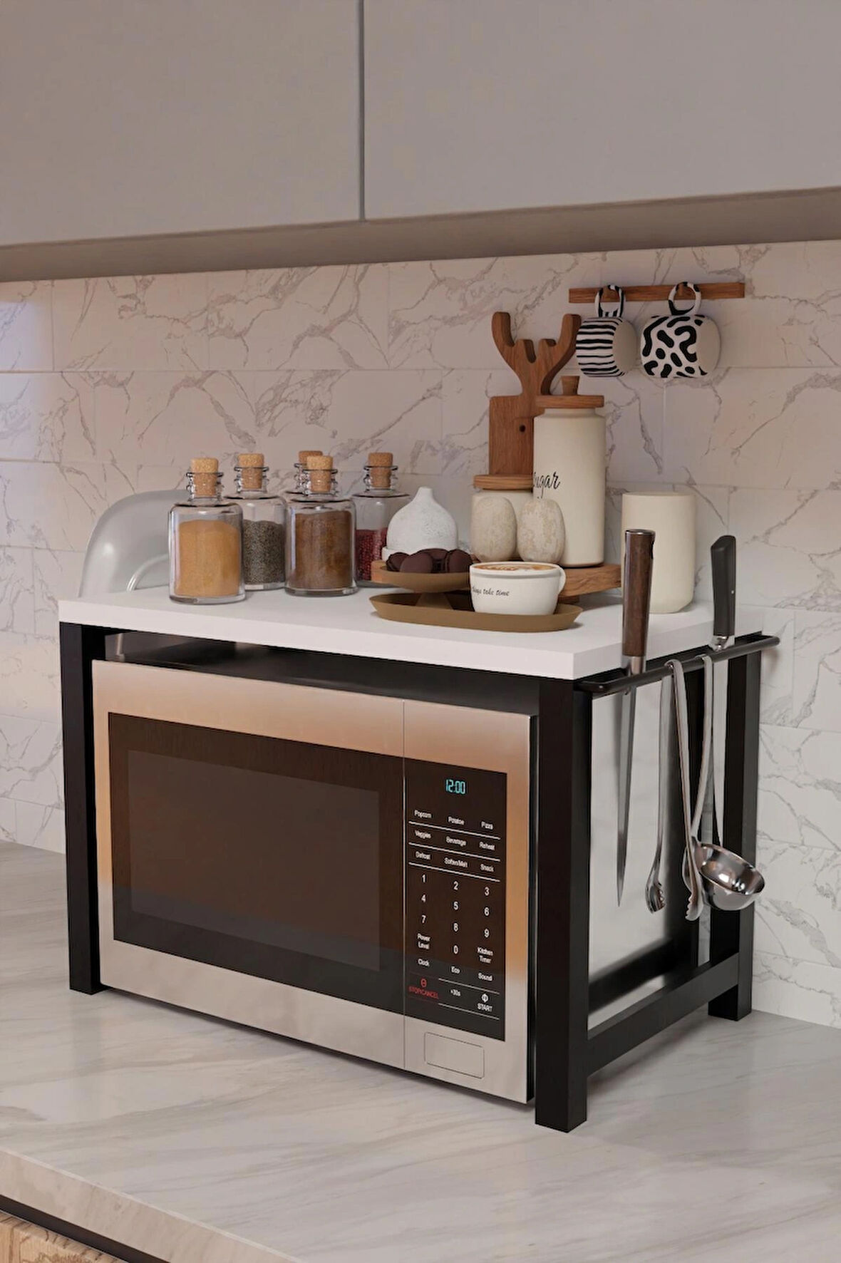 Mikrodalga Fırın Üstü Raf,Tepsi ve Kesme Tahtası Bölmeli,Bıçak,Maşa Askılı,Metal Gövdeli Mutfak Rafı