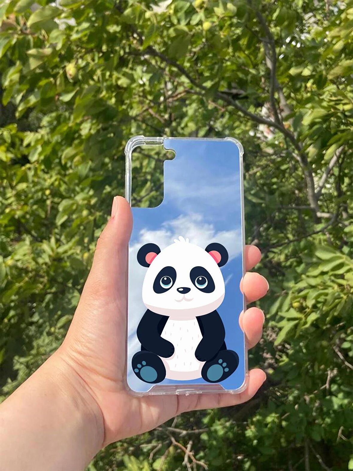 Samsung Galaxy S21 Plus Uyumlu Aynalı Sevimli Panda Desenli Darbe Kamera Korumalı Silikon Telefon Kılıfı