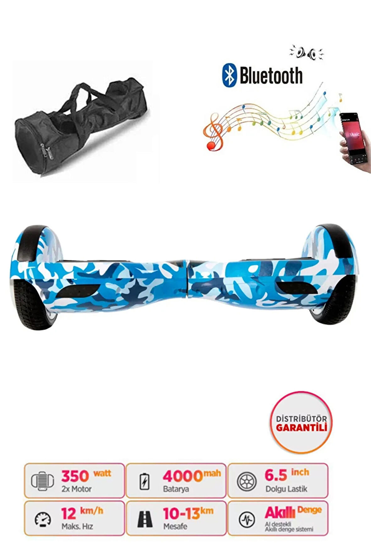 Elektrikli Kaykay Hoverboard 6.5 Inch Mavi Kamuflaj Akıllı Dengeli Çanta Hediye D03