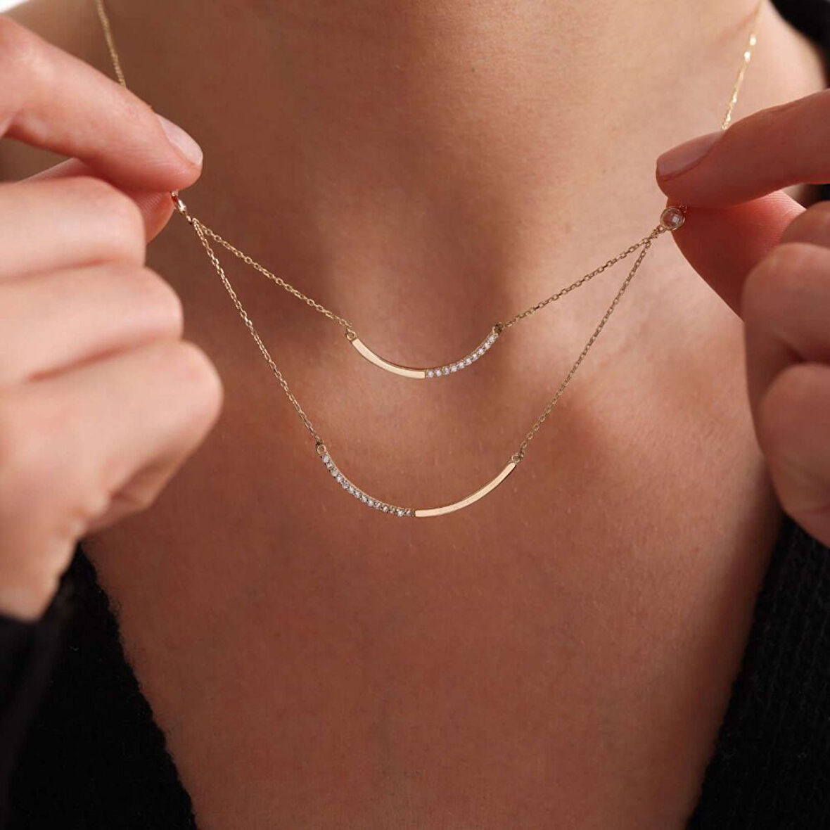 Altın Çubuk Kolye Çift Zincir