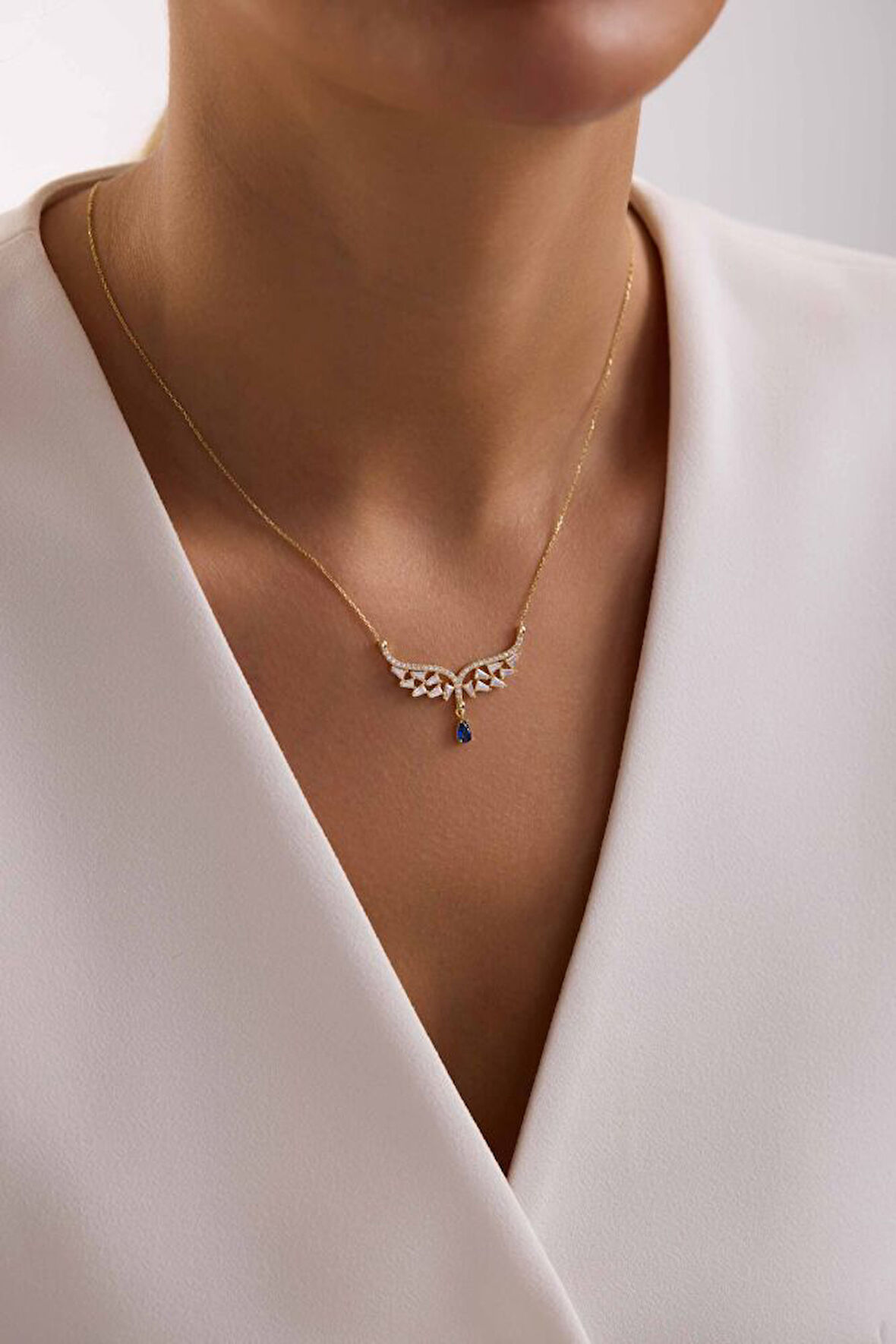 Melek Tasarım Damla Mavi Taşlı Kolye NEW