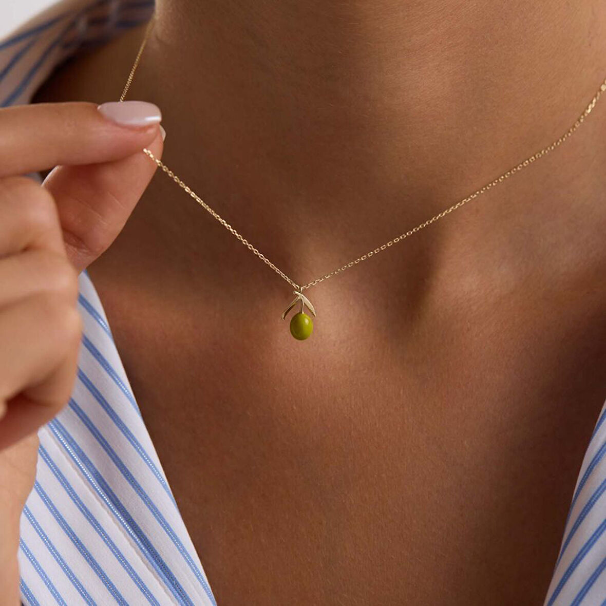 Yeşil Zeytin Altın Kolye 45 cm