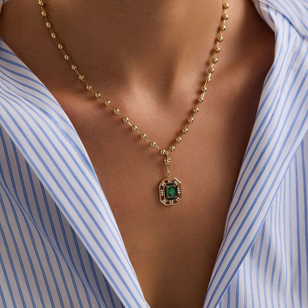 14 Ayar Özel Tasarım Yeşil Taşlı Kolye Ball Chain