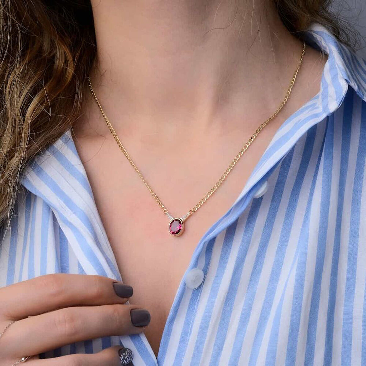 Granada Altın Kolye 14 Ayar Ruby Taşlı Gurmet Zincir 50 Cm