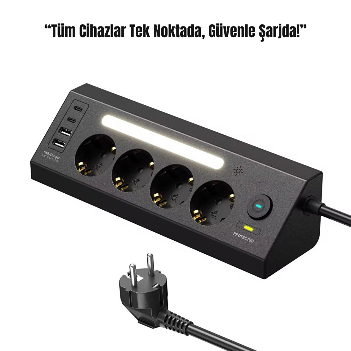 4’lü Akım Korumalı Priz | 2 USB-C + 2 USB-A Çıkış | LED Işıklı Güvenli Şarj Ünitesi | 2 Metre Kablo – Hızlı Şarj Desteği
