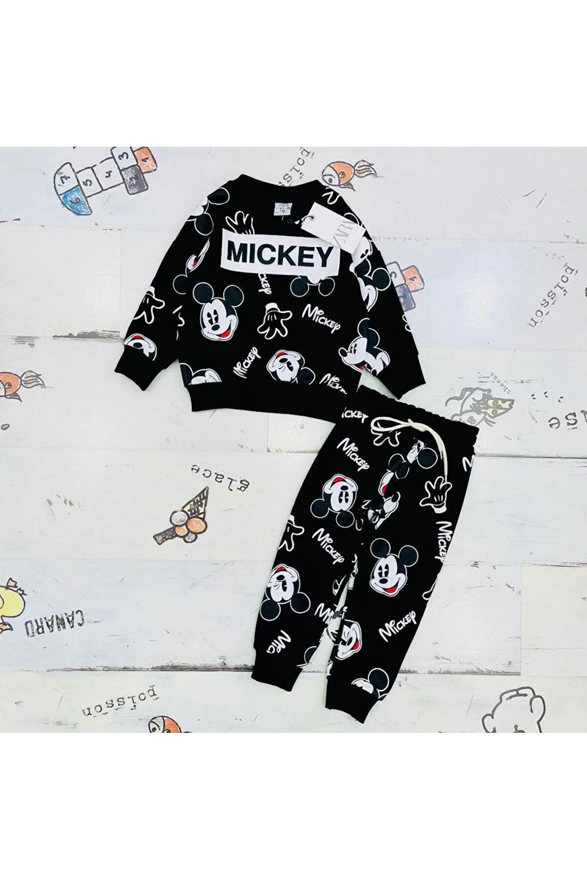 Mickey Mouse Çizgi Karakterli Siyah Erkek Çocuk Eşofman Pijama Alt Üst Takımı