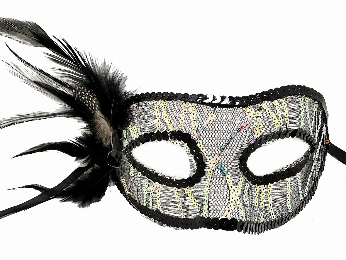Siyah Renk Yandan Tüylü Pul Payet İşlemeli Parti Maskesi 23x12 cm