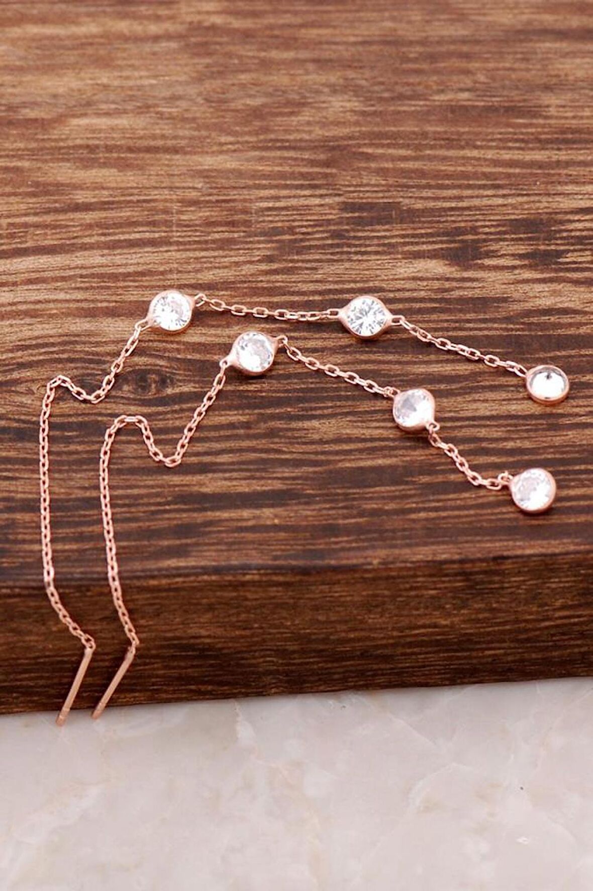 Zirkon Taşlı Rose Gümüş Zincir Küpe 4188