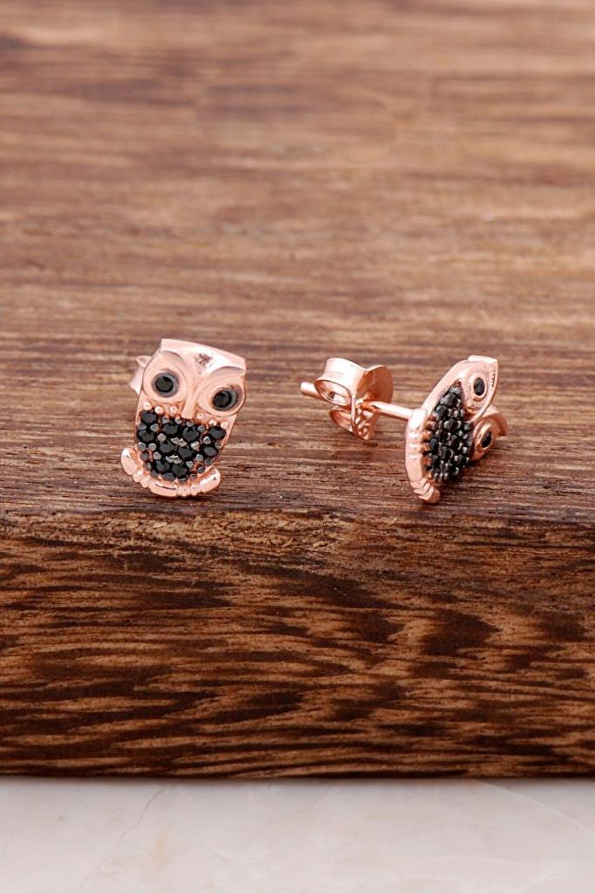 Baykuş Safir Taşlı Rose Gümüş Küpe 3765