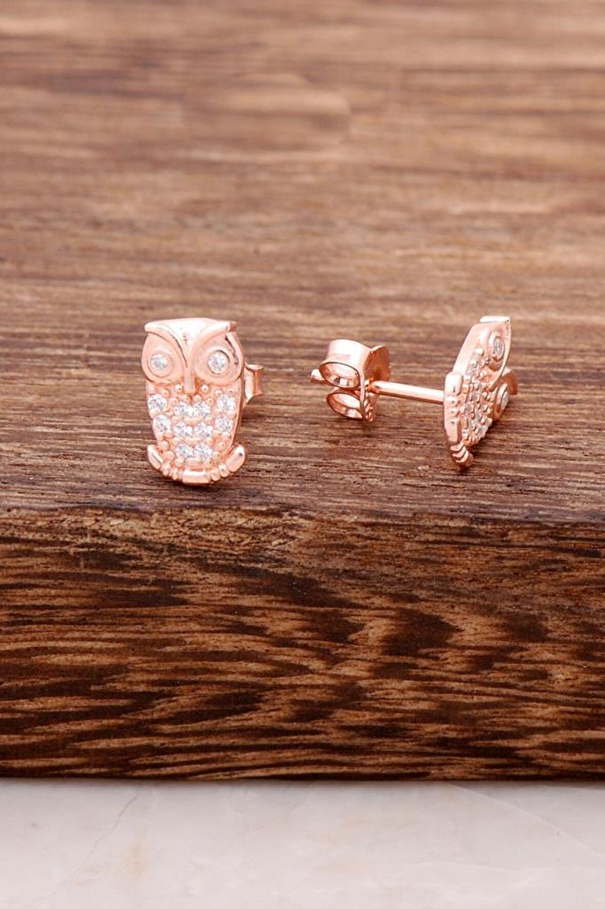 Rose Gümüş Taşlı Baykuş Tasarım Küpe 3755