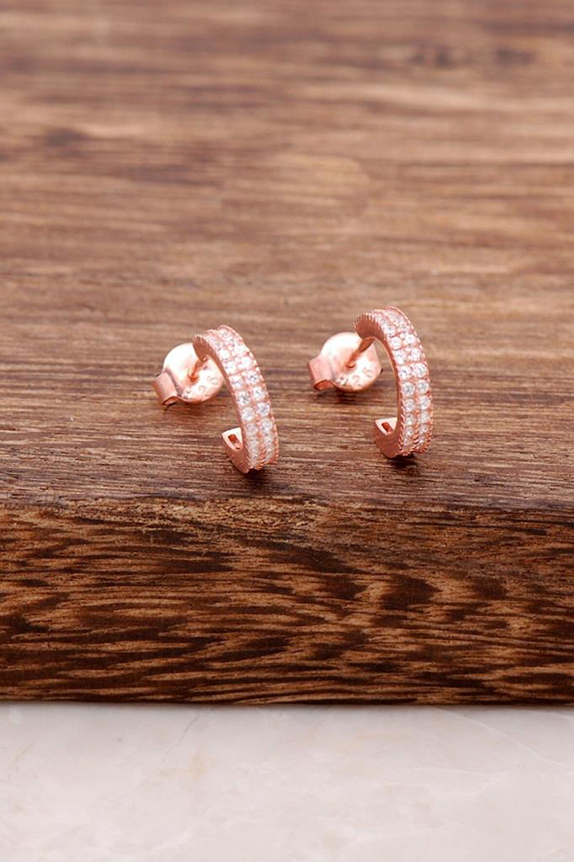 Rose Gümüş Taşlı Mini Halka Küpe 3738