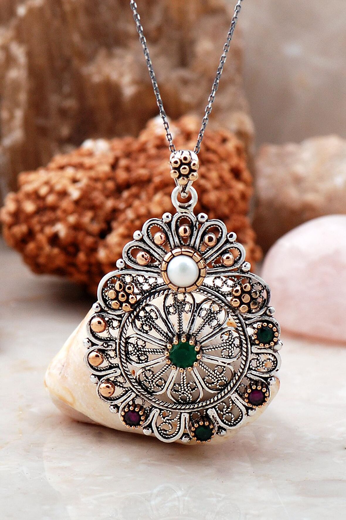 Telkari İşlemeli İnci Taşlı Tasarım Gümüş Kolye 3896