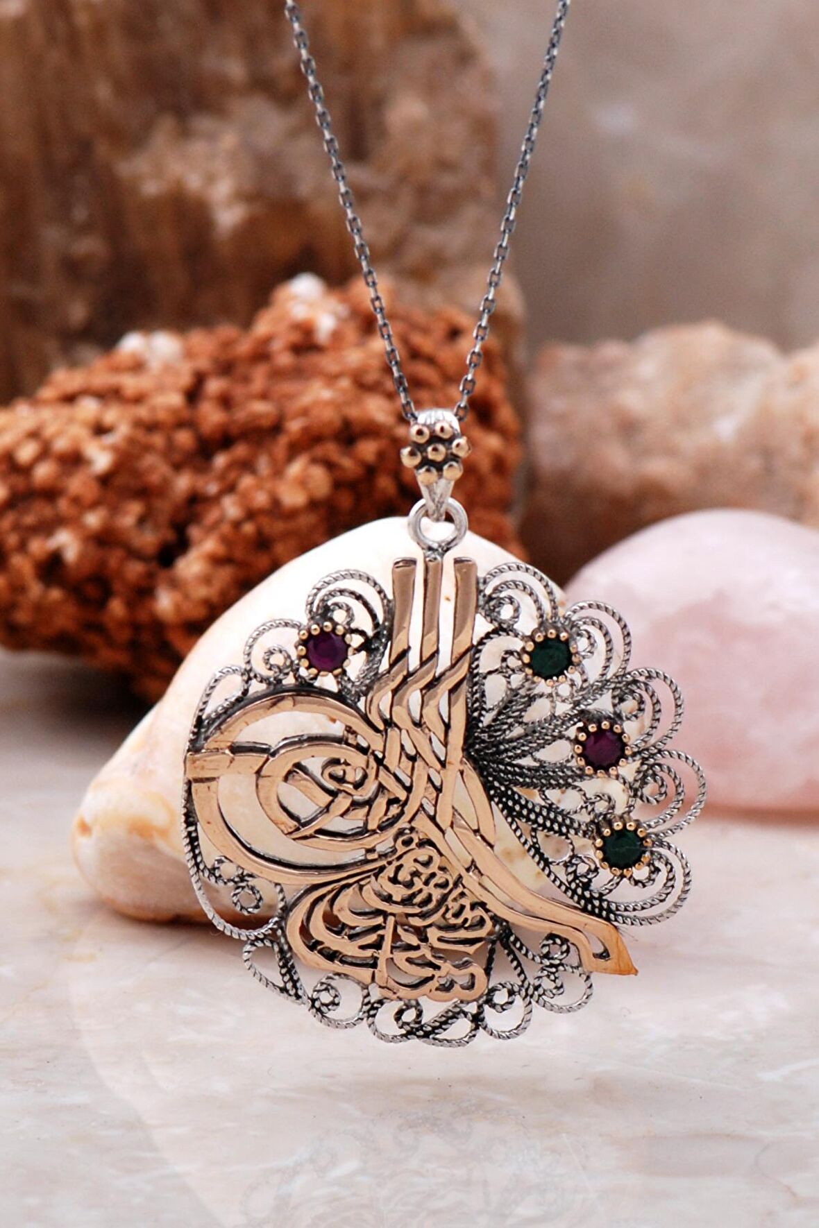 Telkari İşlemeli Osmanlı Tuğralı Kök Yakut Kök Zümrüt Taşlı Gümüş Kolye 3895