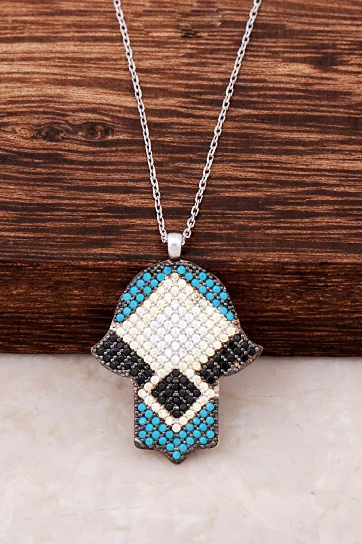 Turkuaz Taşlı Bereket Eli Tasarım Kolye 3610