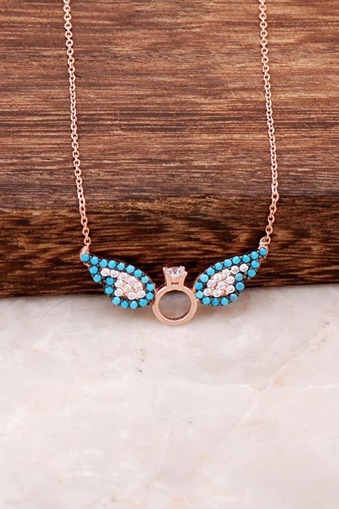 Melek Kanadı Tek Taş Ros Gümüş Kolye 2271