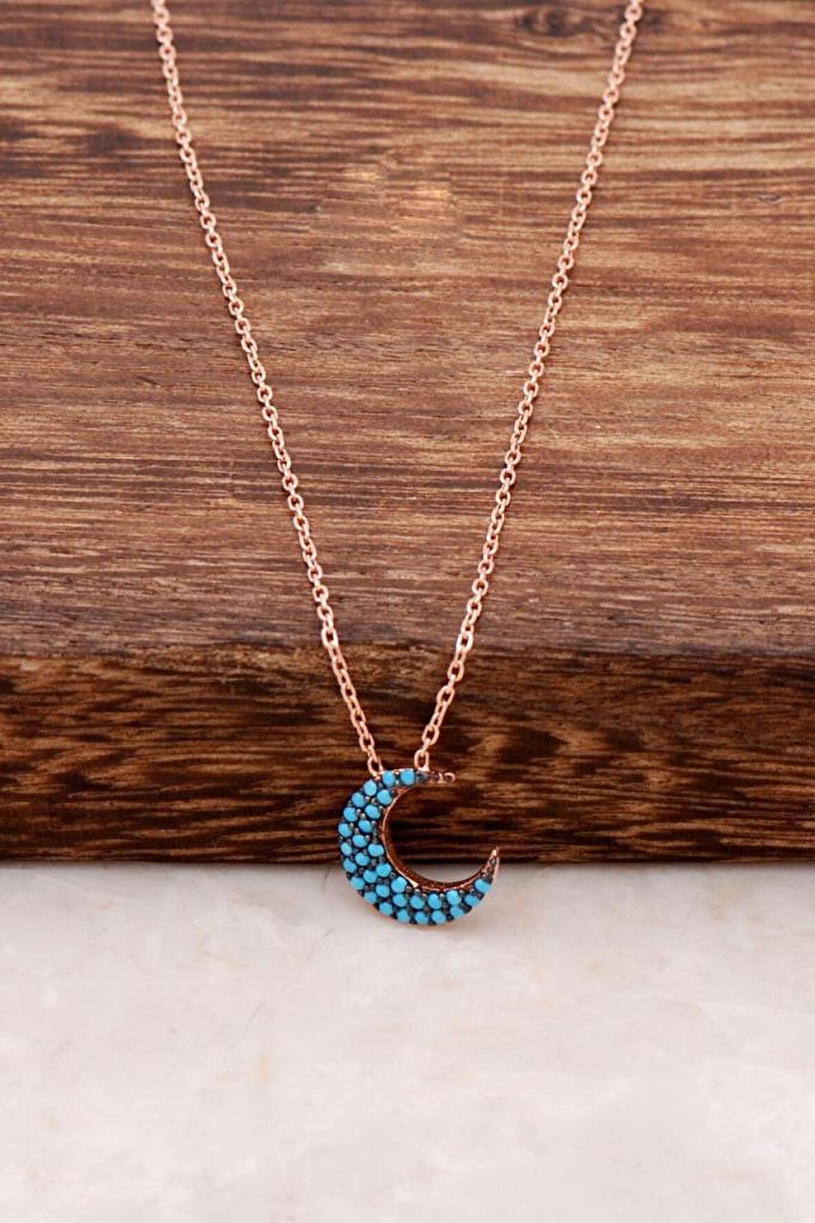 Turkuaz Taşlı Hilal Rose Gümüş Kolye 1102