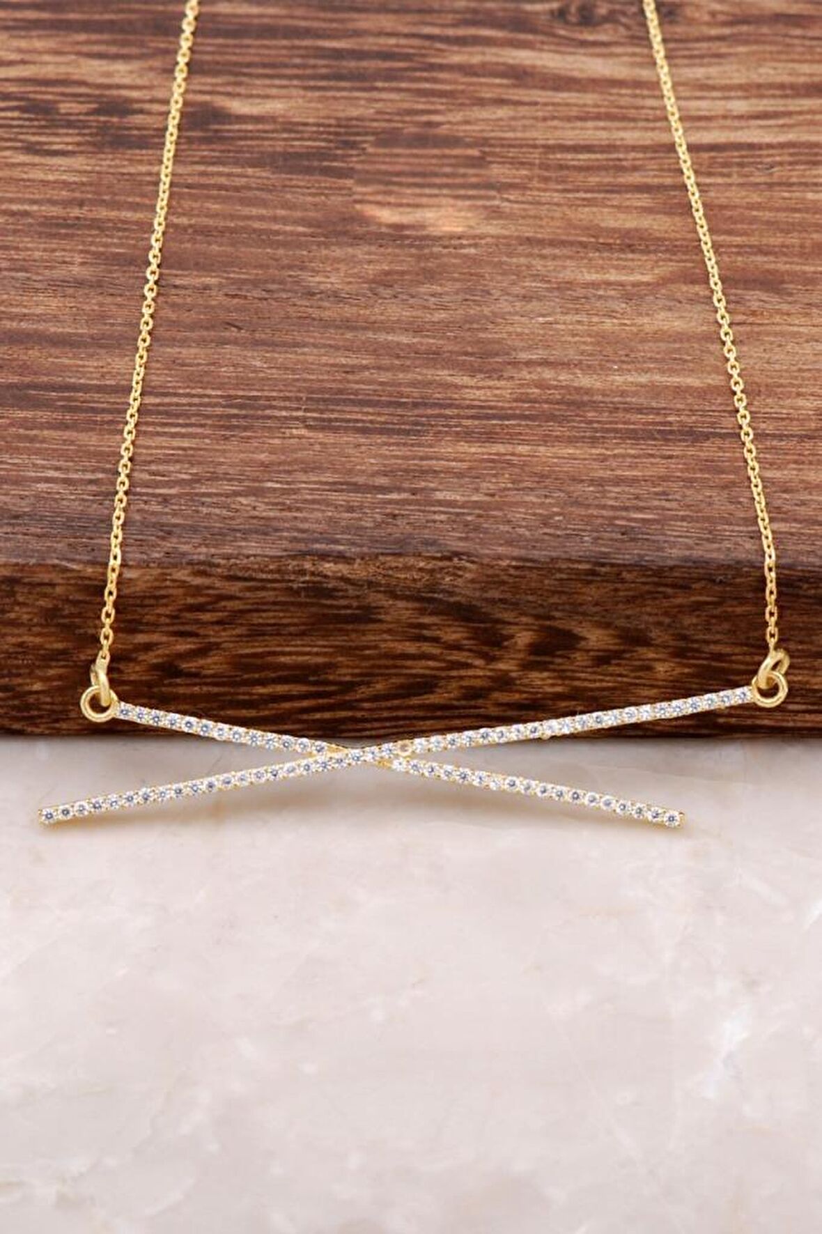 Zirkon Taşlı Altın Yaldızlı Gümüş Kolye 919