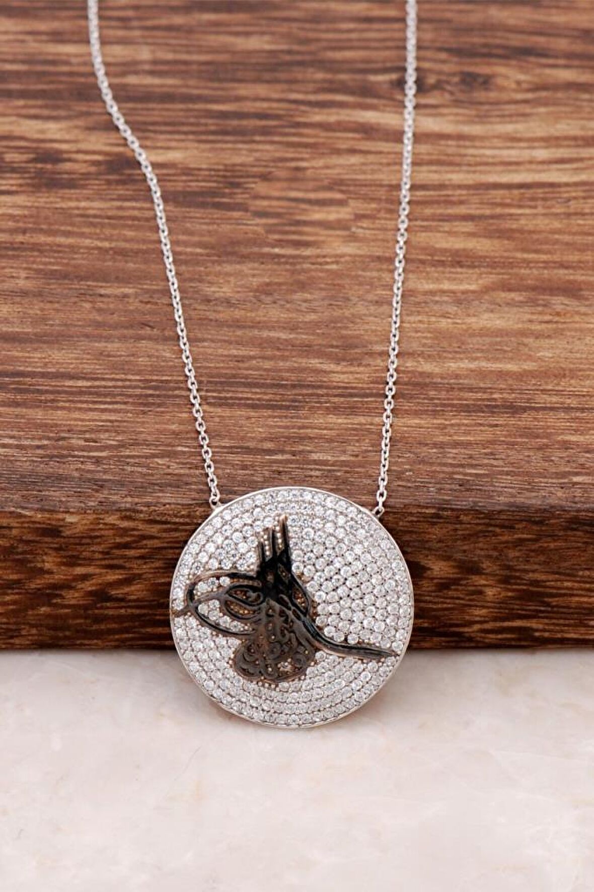 Zirkon Taşlı Osmanlı Tuğralı Gümüş Kolye 419