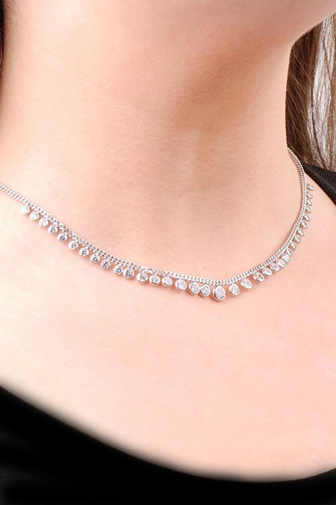 Choker Sıra Taşlı Tasarım Gümüş Kolye 6472