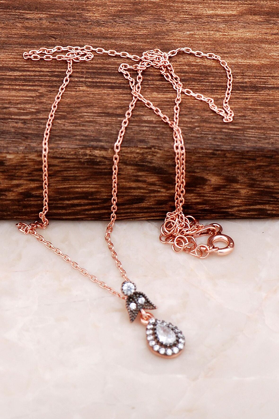 Elmas Montürlü Rose Gümüş Kolye 6523