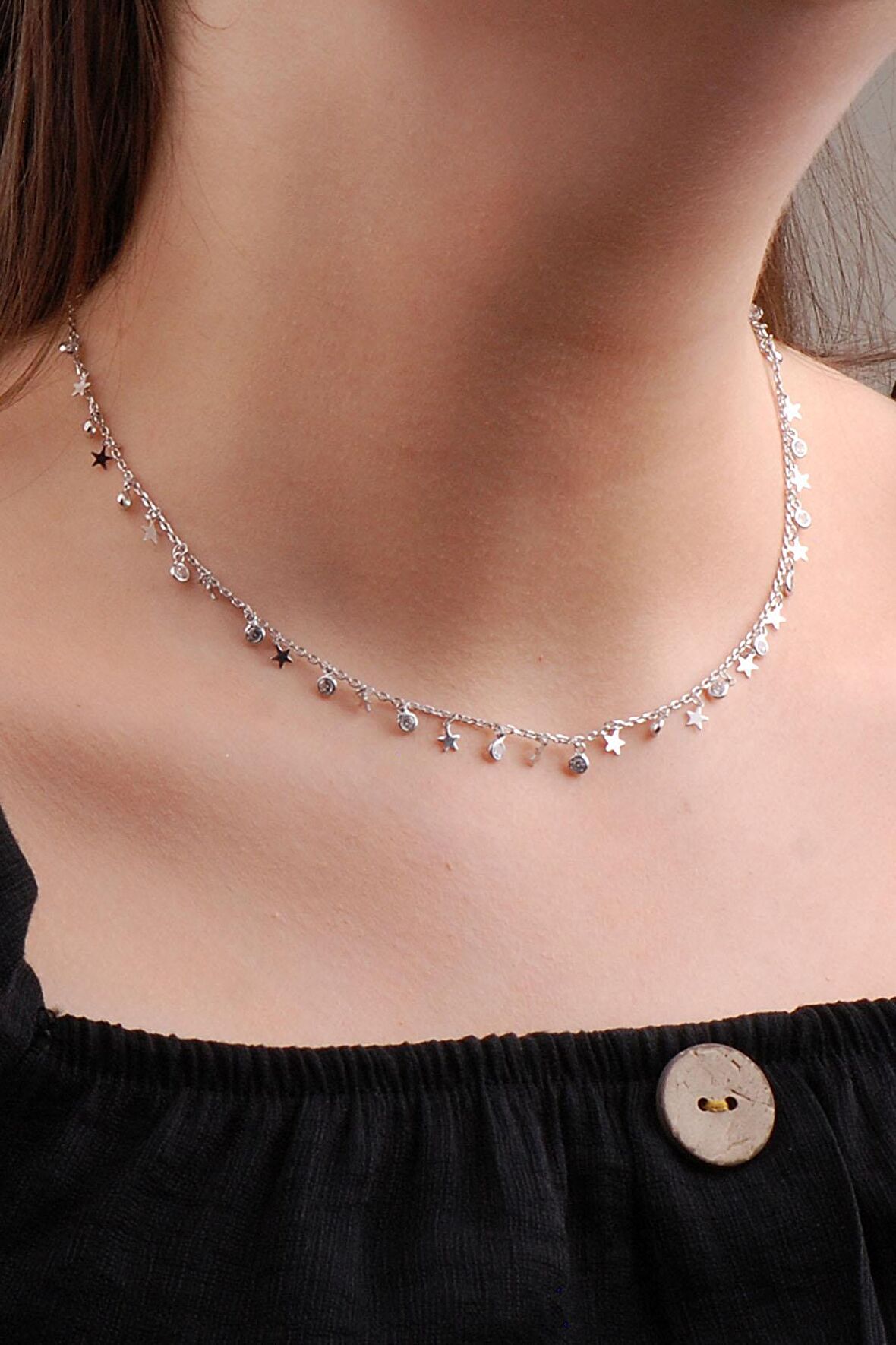 Yıldız Tasarımlı Choker Gümüş Kolye 6585