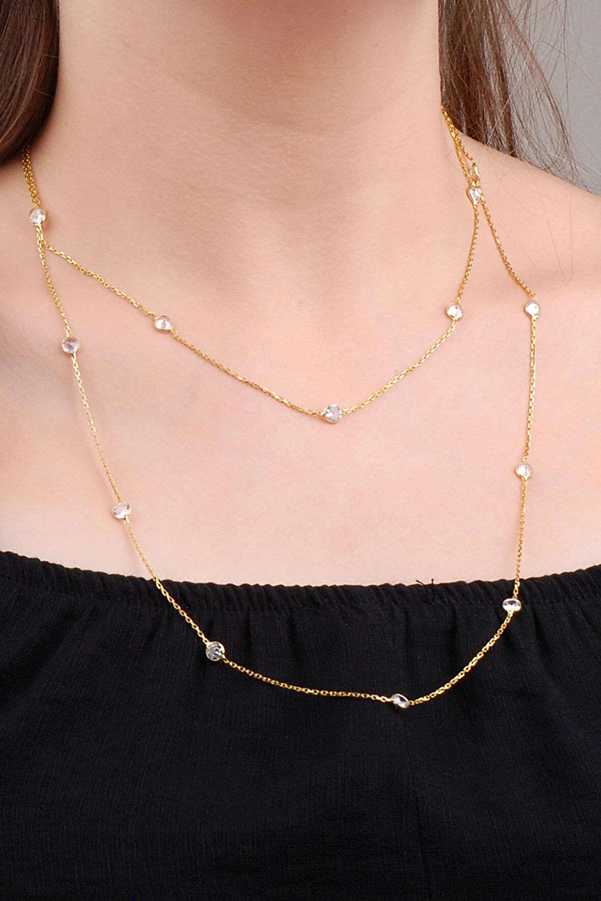 Sıra Taşlı Altın Yaldızlı 110 Cm Gümüş Kolye 6630