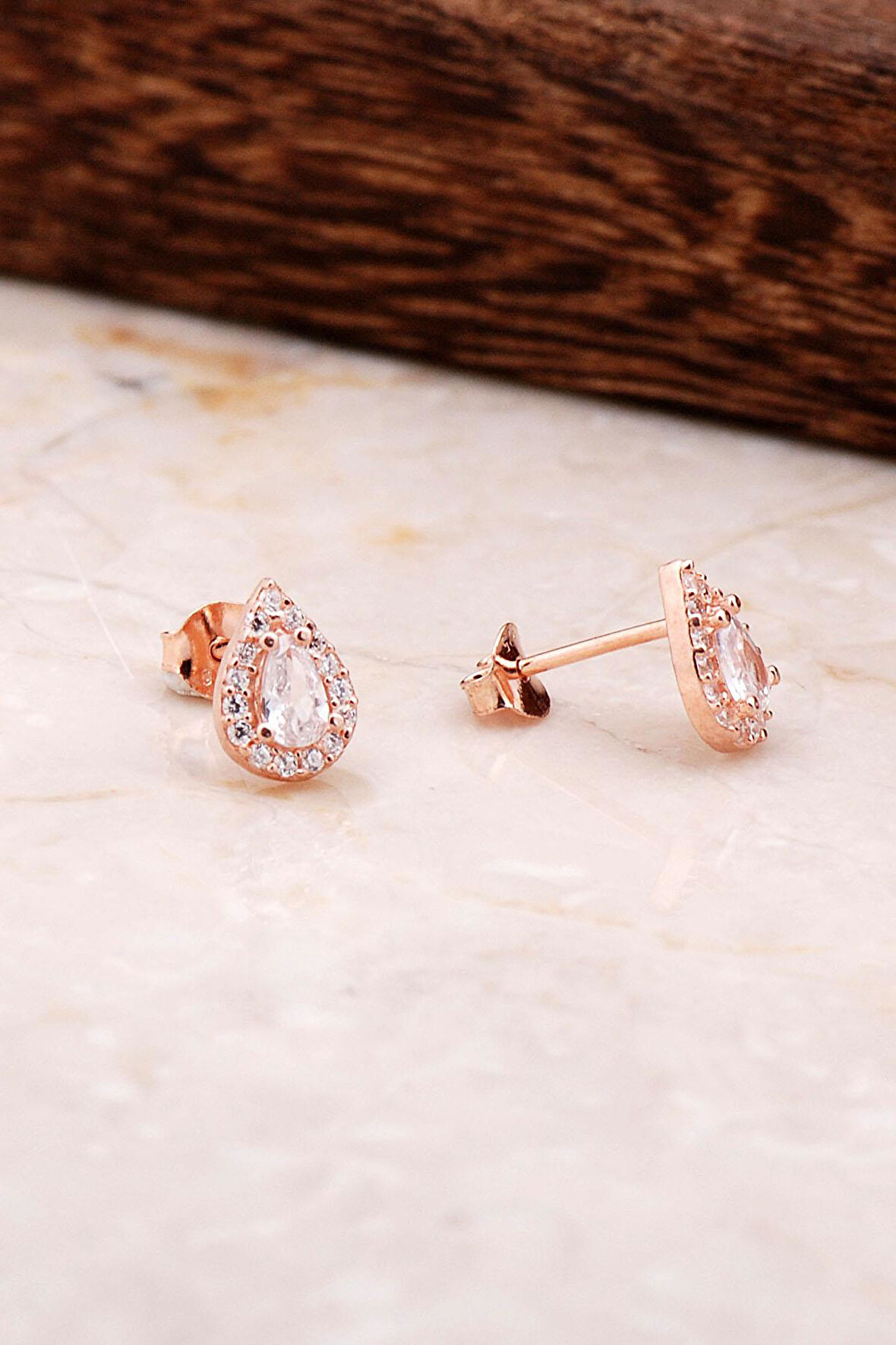 Pırlanta Montürlü Rose Gümüş Damla Küpe 4793