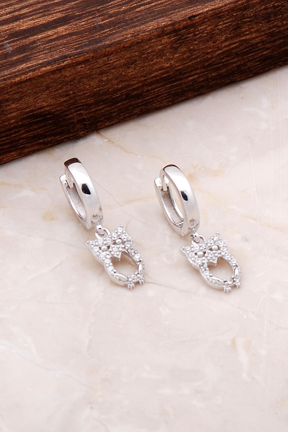 Baykuş Tasarımlı Sallantılı Gümüş Halka Küpe 4931