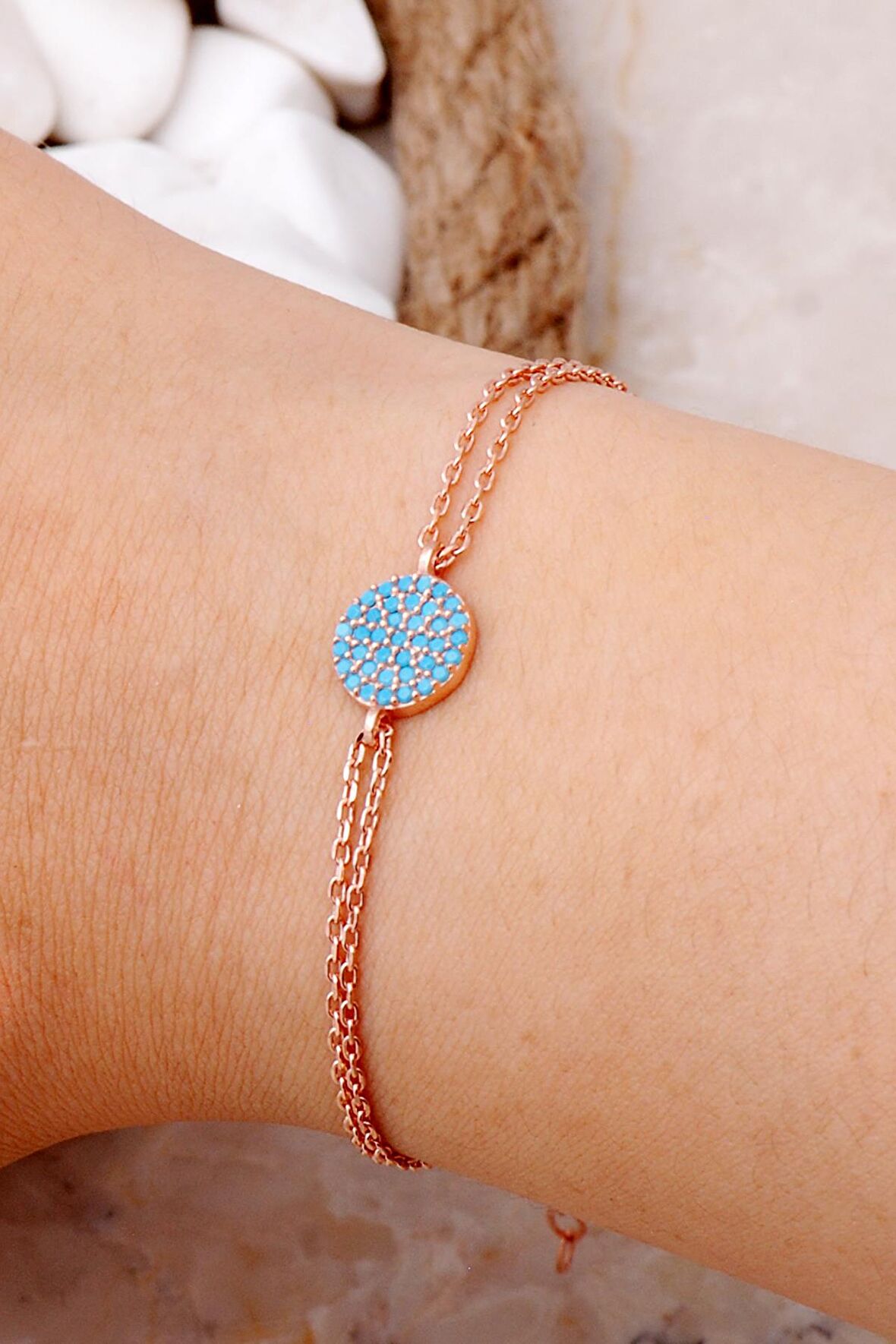 Turkuaz Taşlı Rose Gümüş Bileklik 3308