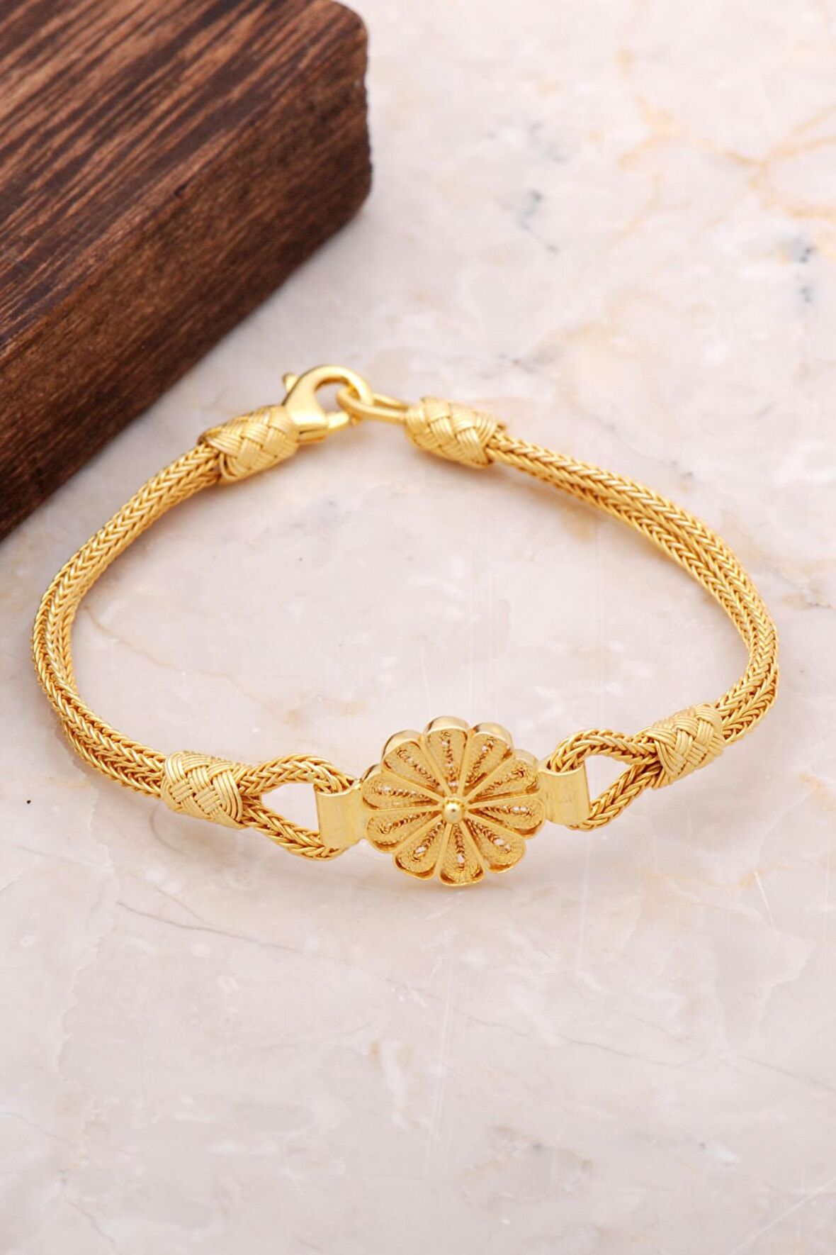 Telkari KAzaziye İşlemeli Altın Yaldızlı Gümüş Bileklik 3324