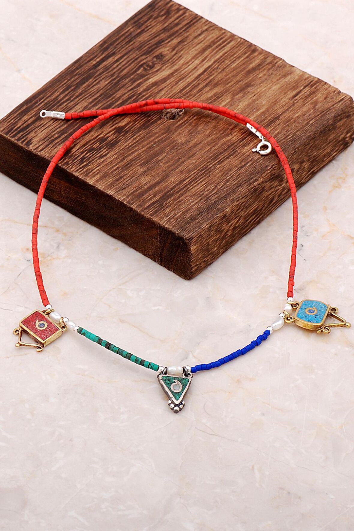 Doğal Taşlı Mozaik İşlemeli Gümüş Kolye 6845