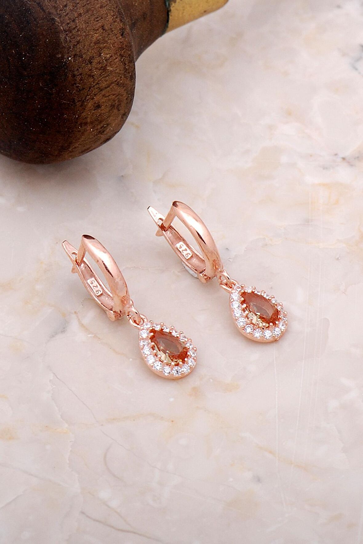 Sultan Taşlı Rose Gümüş Damla Küpe 4961