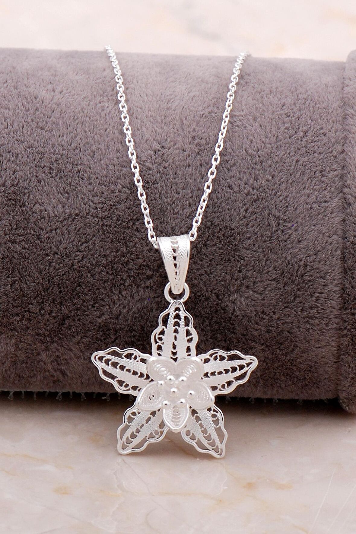 Telkari İşlemeli Buz Çiçeği Gümüş Kolye 6866