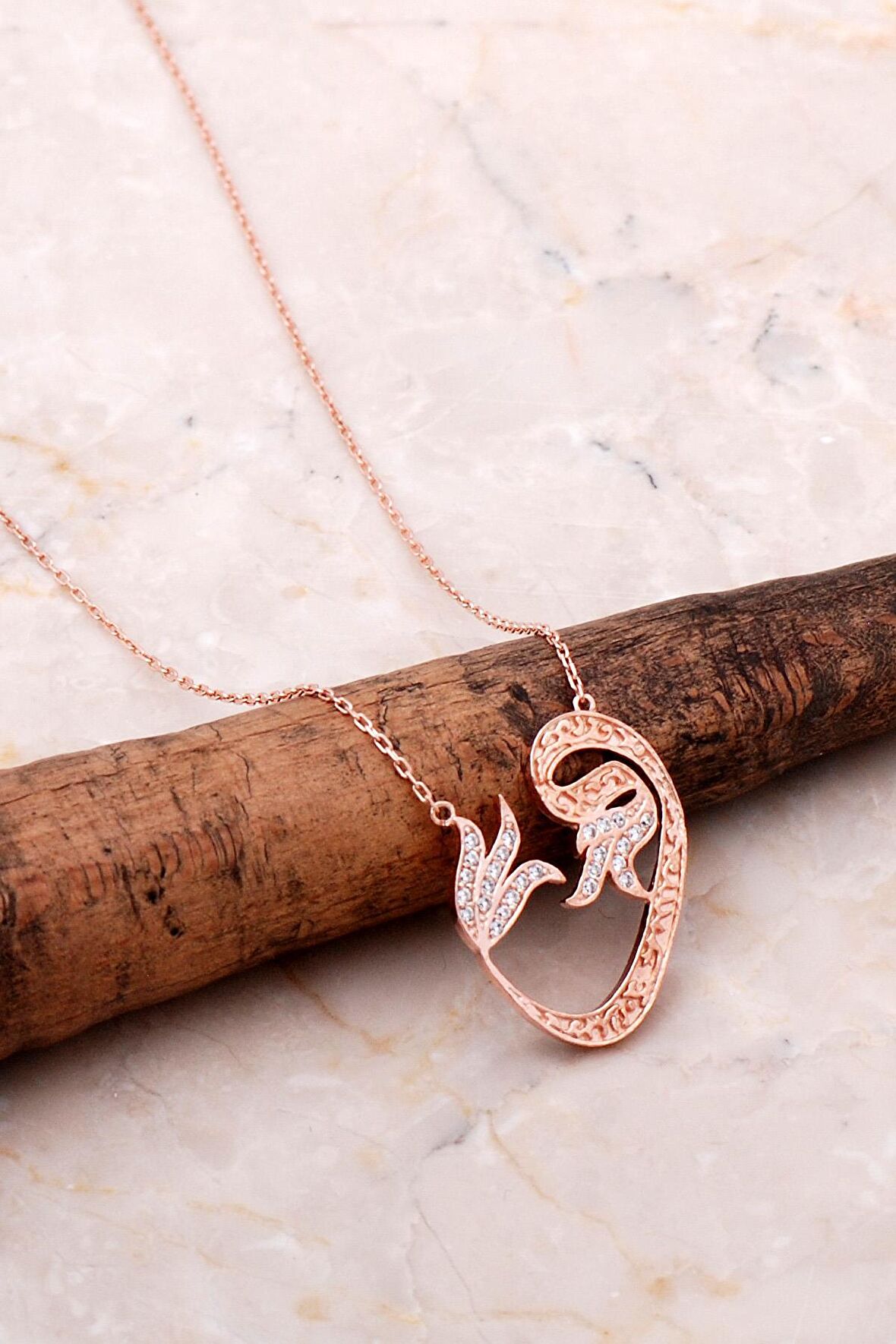 Vav Harfli Rose Gümüş Laleli Gümüş Kolye 6961