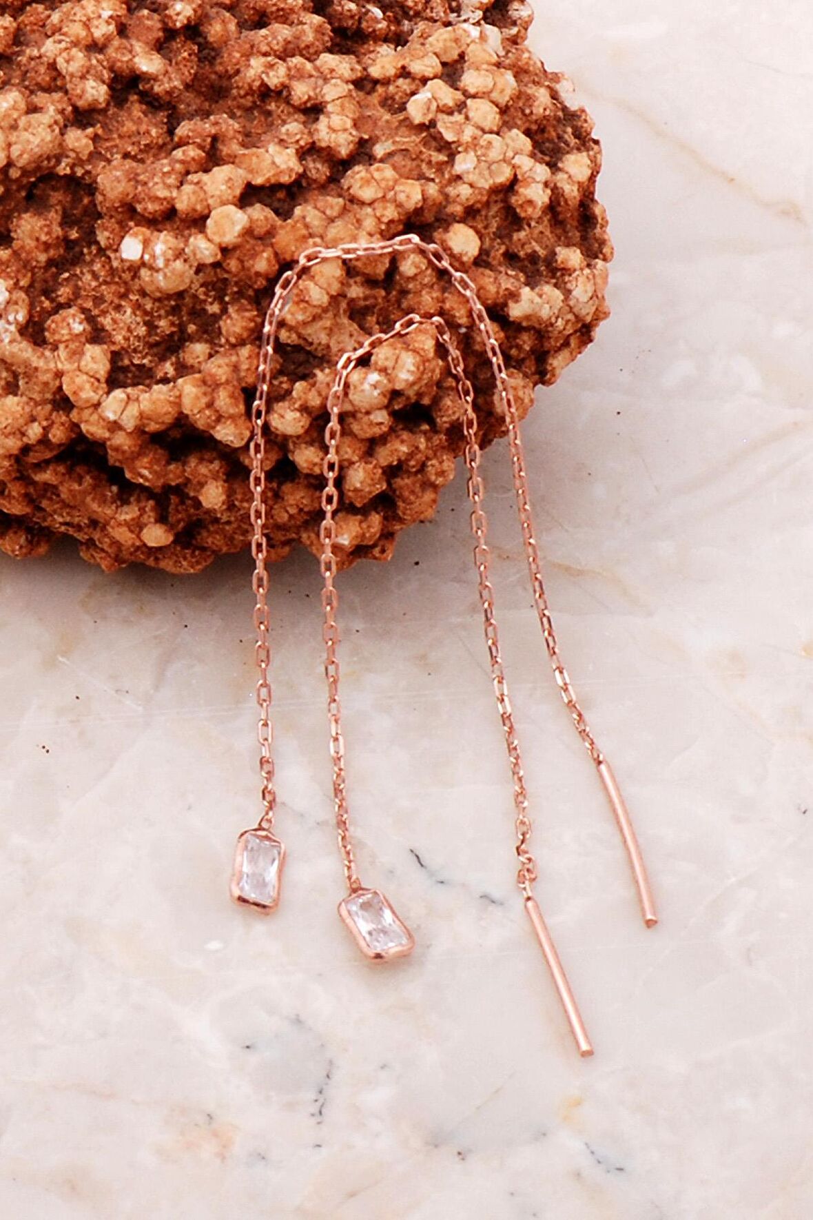 Baget Rose Gümüş Baget Taşlı Zincir Küpe 5202