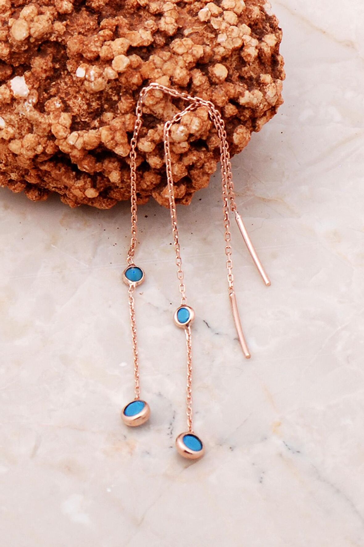 Turkuaz Taşlı Rose Gümüş Zincir Küpe 5212