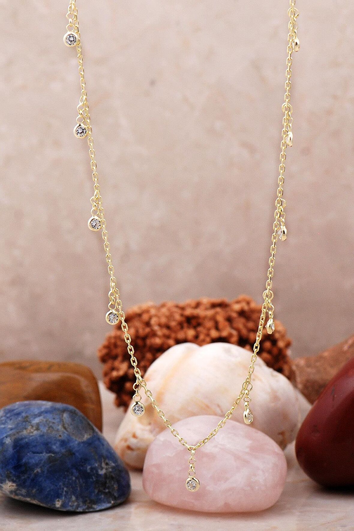 Seyrek Taşlı Altın Yaldızlı Gümüş Choker Kolye 7239