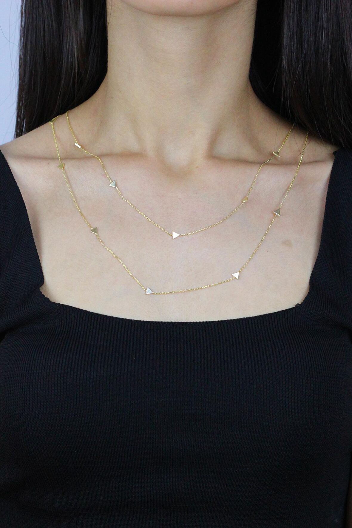 Üçgen 110 cm Altın Yaldızlı Gümüş Kolye 7253