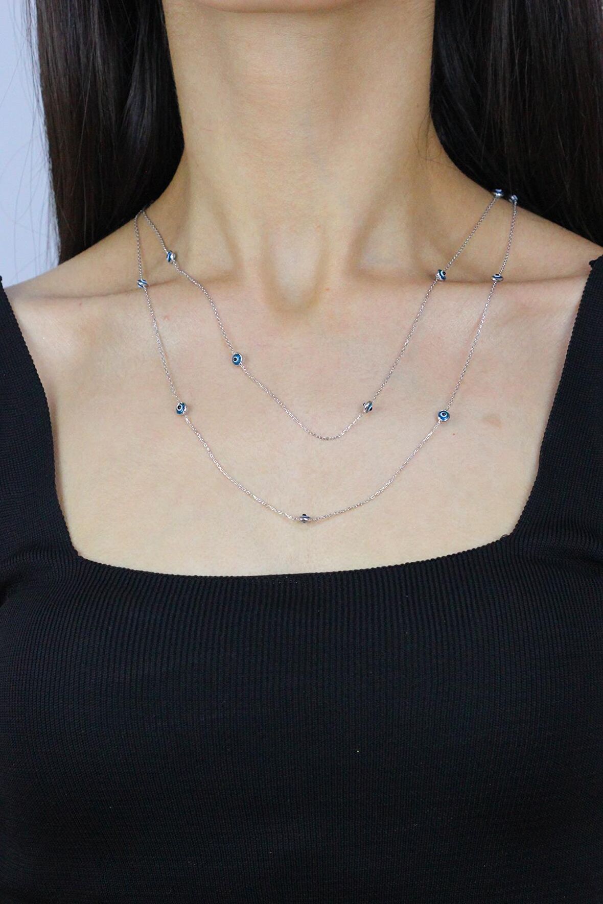 Nazar Boncuklu 113 cm Rodyumlu Gümüş Kolye 7256