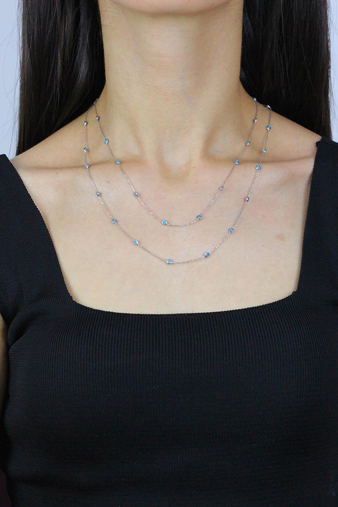 Turkuaz Taşlı 92 cm Rodyumlu Gümüş Kolye 7258