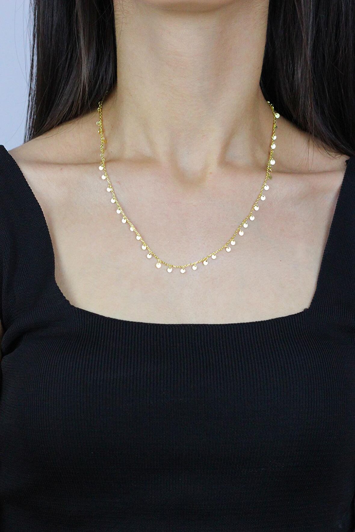Pullu Altın Yaldızlı Gümüş Choker Kolye 7265