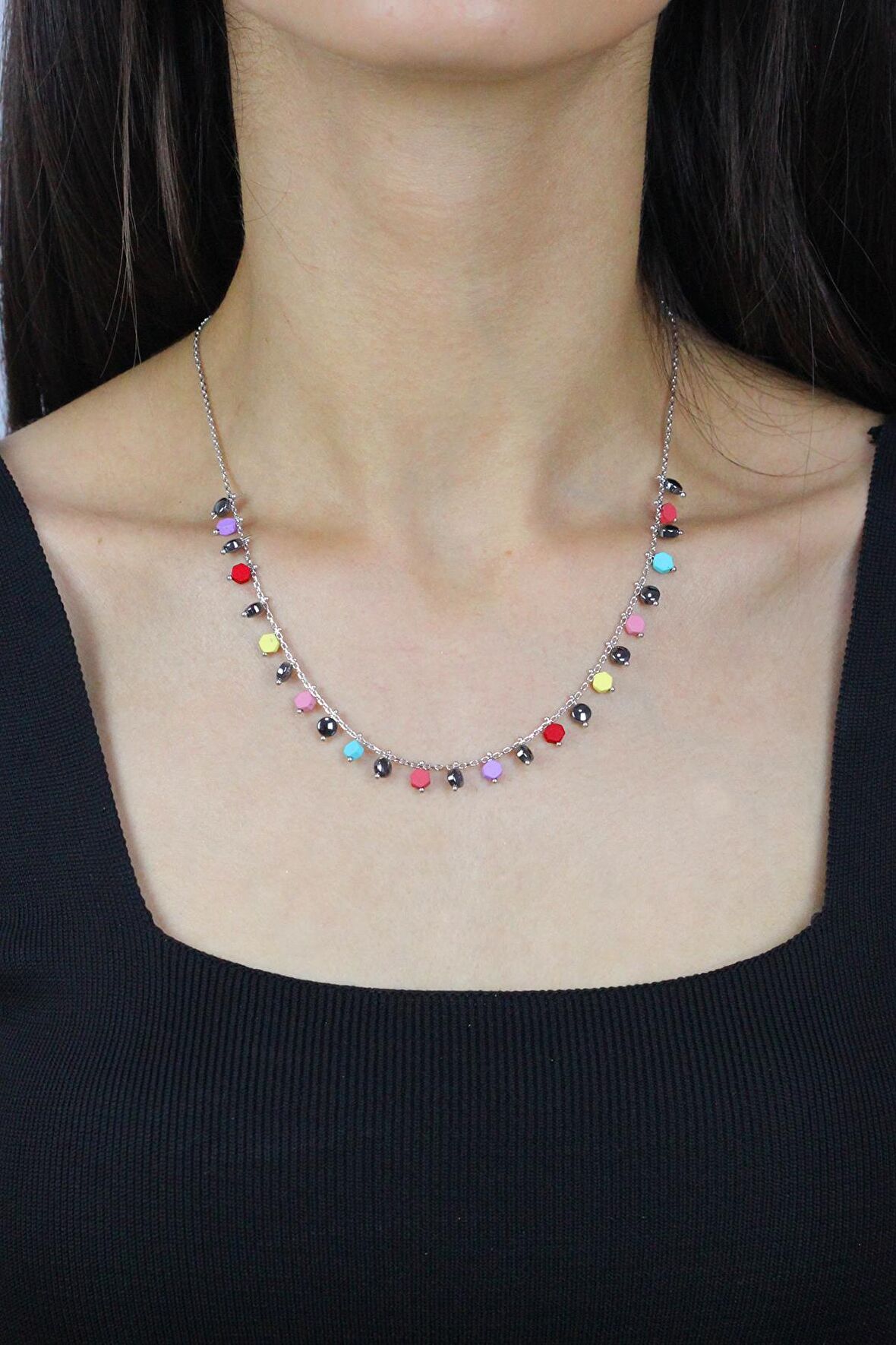 Hematit Taşlı Rodyumlu Gümüş Kolye 7279