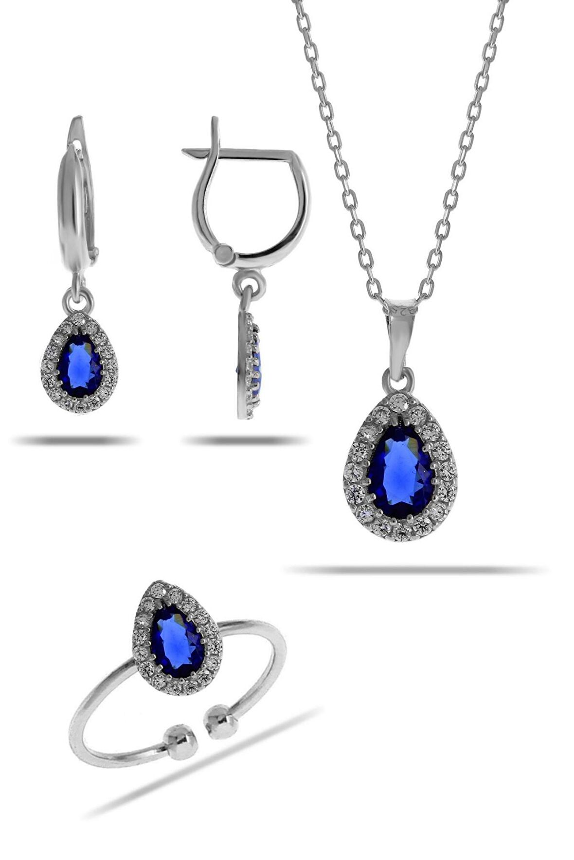 Safir Taşlı Damla Mini Rodyumlu Gümüş Set 2309