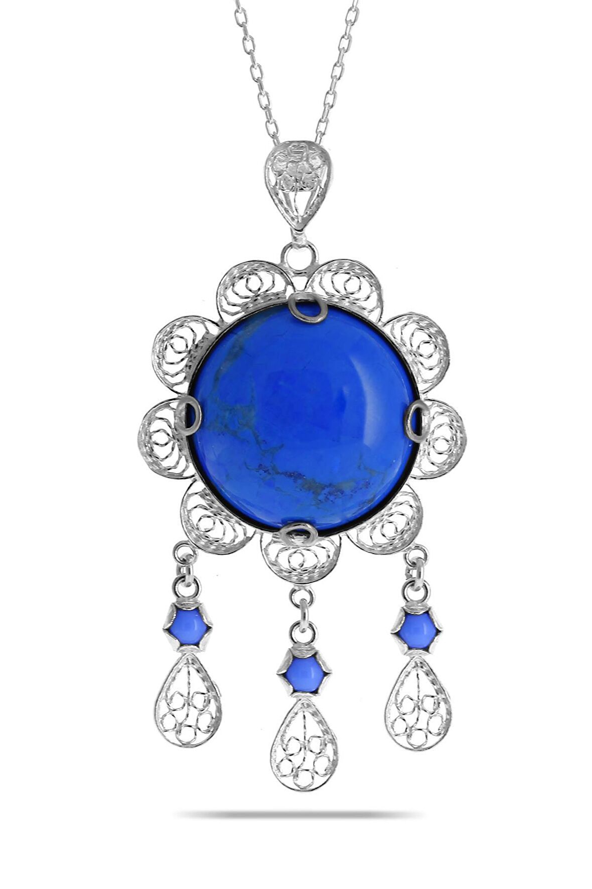 Firuze Taşlı Telkari İşlemeli Gümüş Kolye 7360