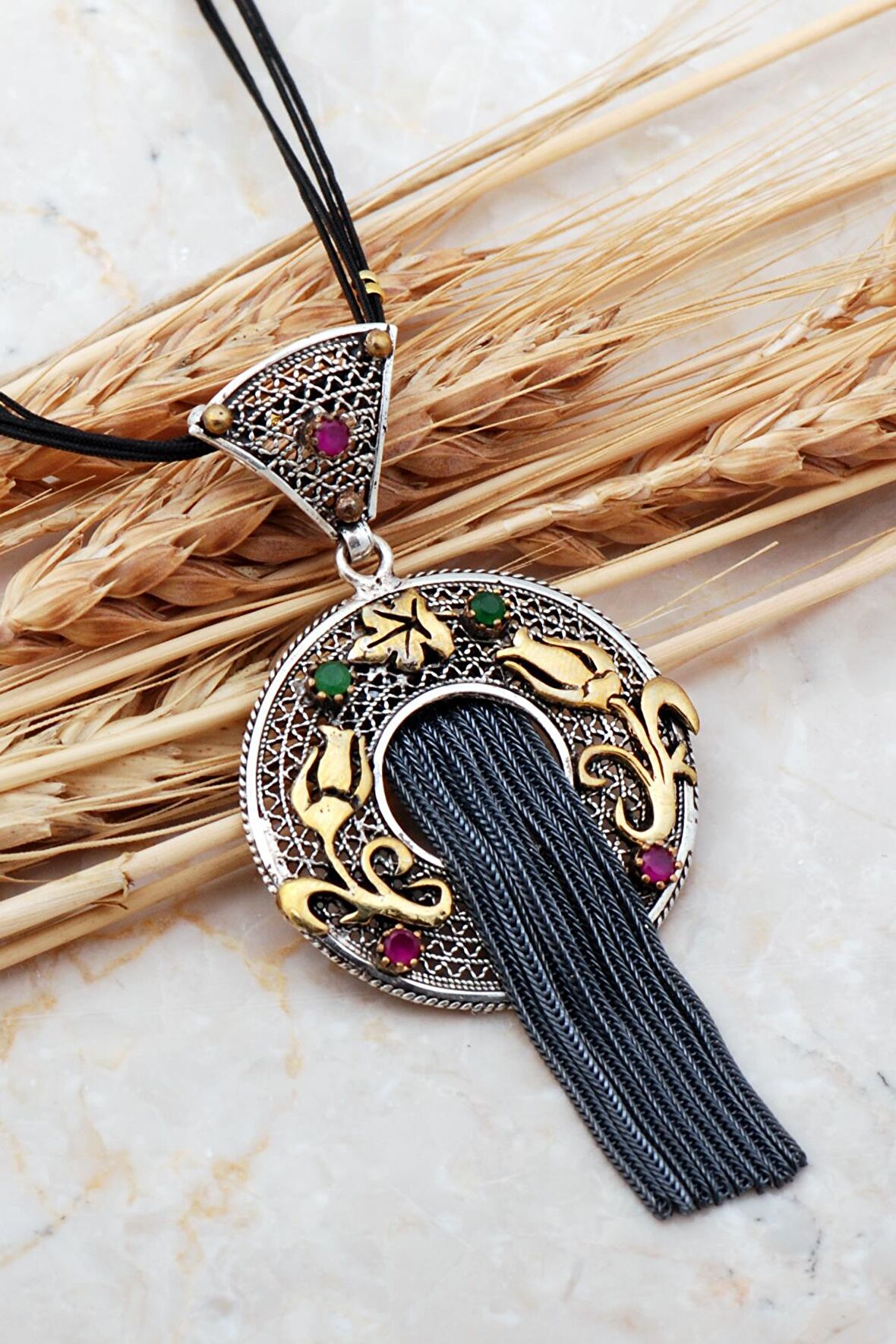 Sümer Lale Telkari Elişi Püsküllü Gümüş Kolye 7398